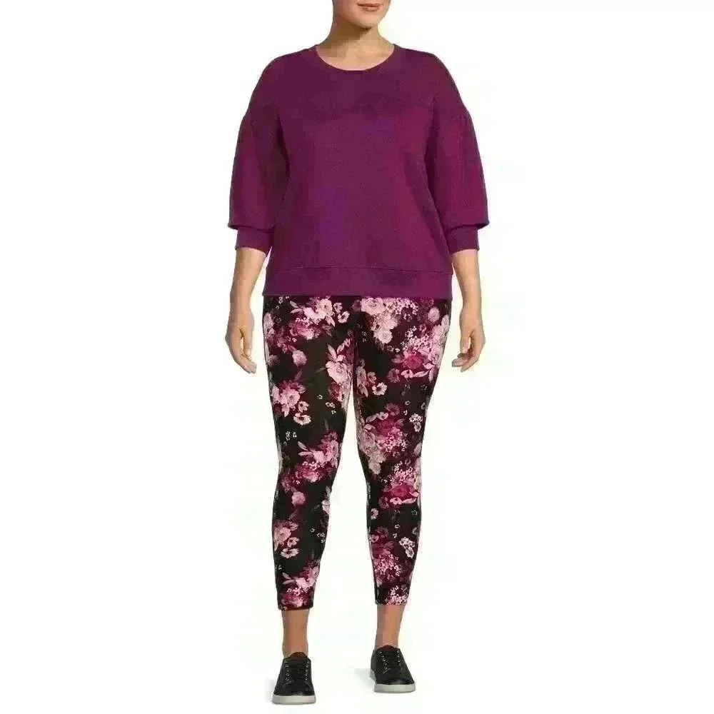Terra & Sky Womens Plus Fitted Leggings Size 2X High Rise Berry Floral Print - Picture 2 of 10